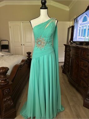 Tony Bowls One-Shoulder Seafoam Green Evening Gown with Crystal Embellishment